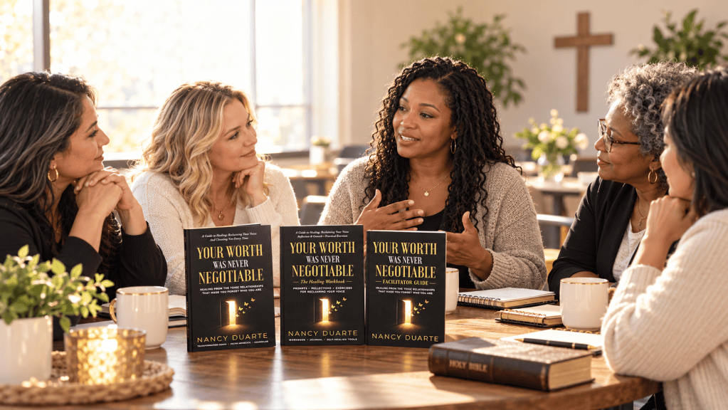 A discussion among five women at a table with books titled 'Your Worth Was Never Negotiable' by Nancy Duarte. The women are engaged, sharing ideas and insights, with a warm and inviting atmosphere.