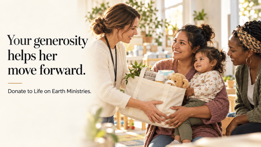 A group of three women and a child are sharing a warm moment. One woman is handing a tote bag filled with items to another woman, while the child smiles and holds a stuffed toy. The setting is bright and inviting, conveying themes of generosity and support.