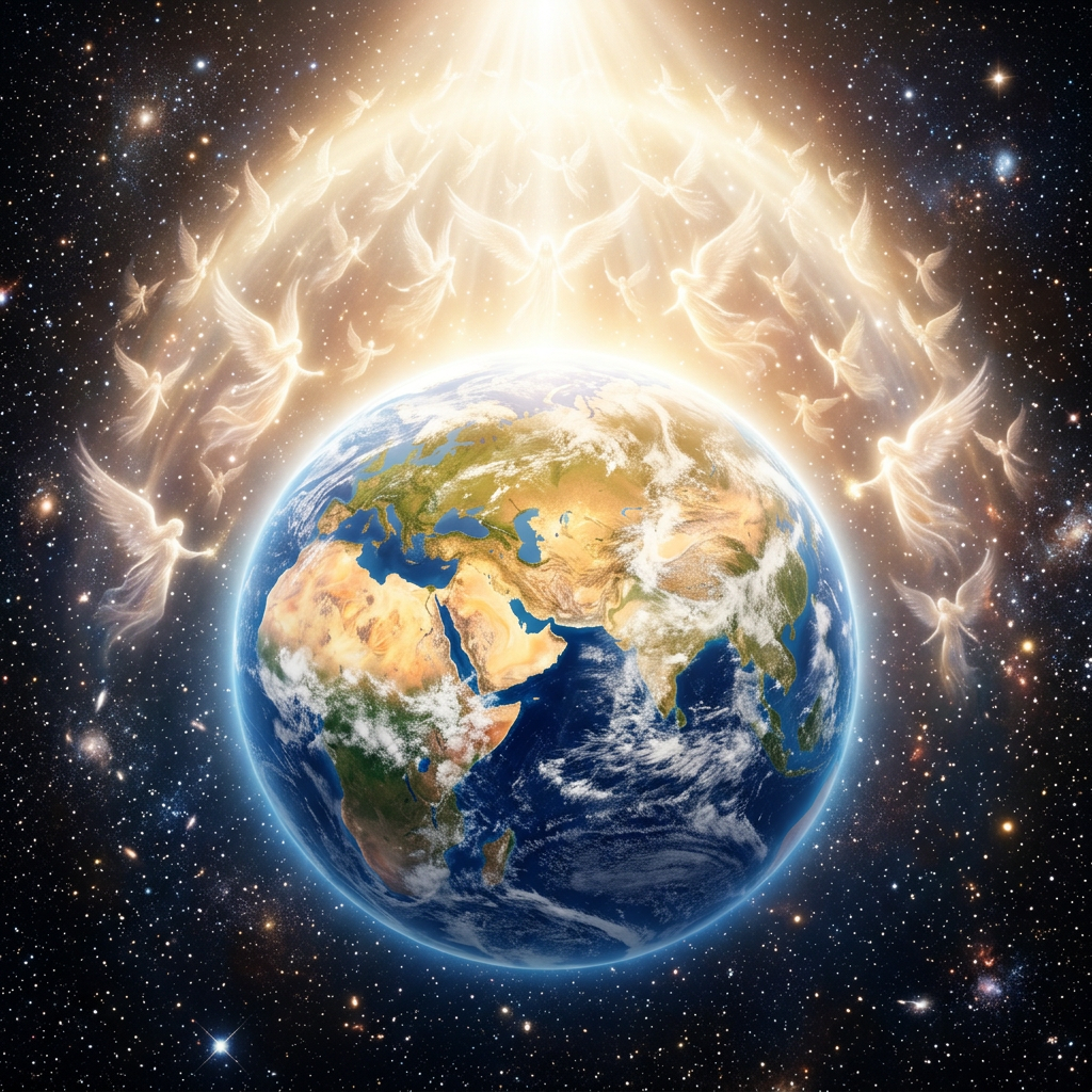Earth viewed from space with glowing angels forming an arc above