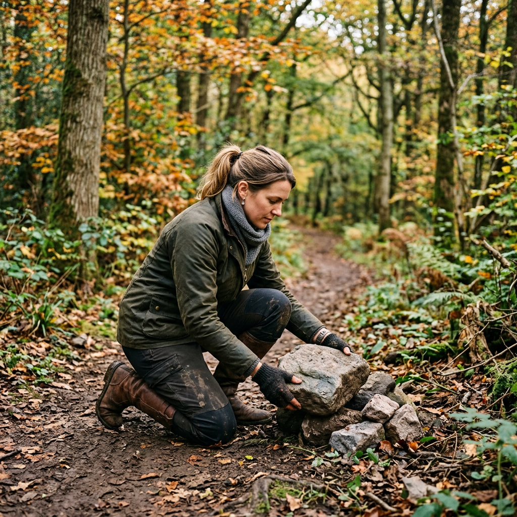 Woman kneeling on forest trail stacking rocks for trail maintenance