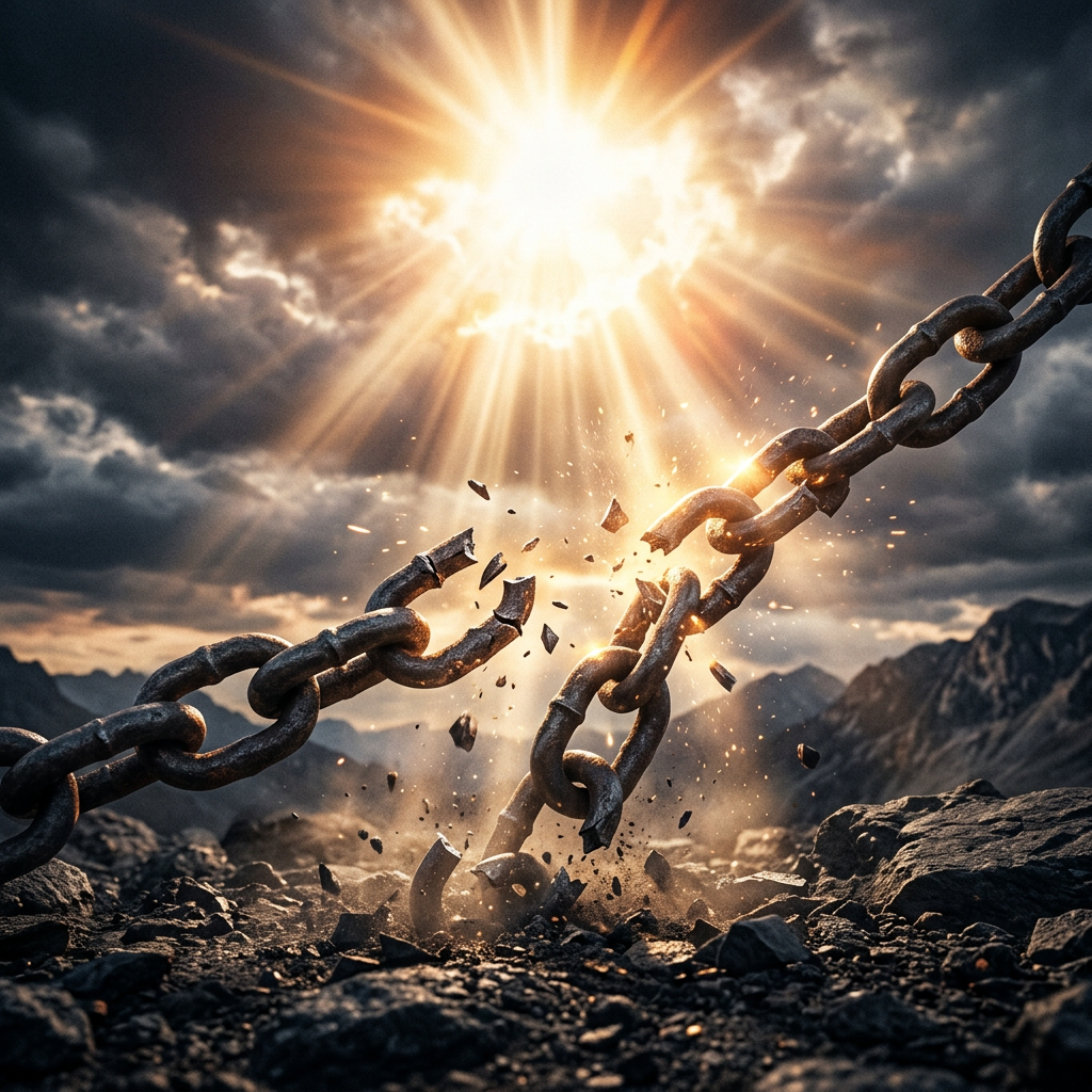 Rusty metal chain breaking with sunlight shining through