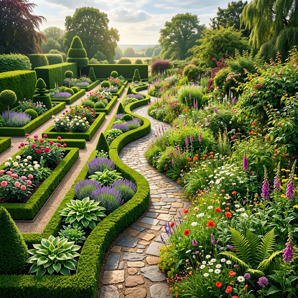 Split abstract garden, symmetrical vs wild, winding path
