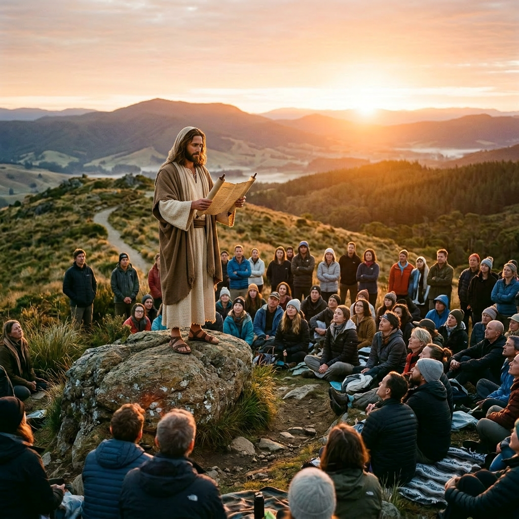Person speaking to a group sitting outdoors on a hill at sunrise