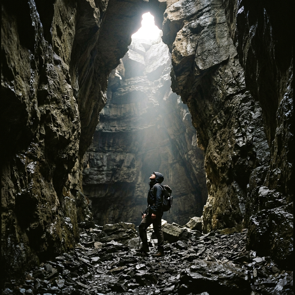Person with backpack standing on rocky ground inside a large cave with light streaming from an opening above