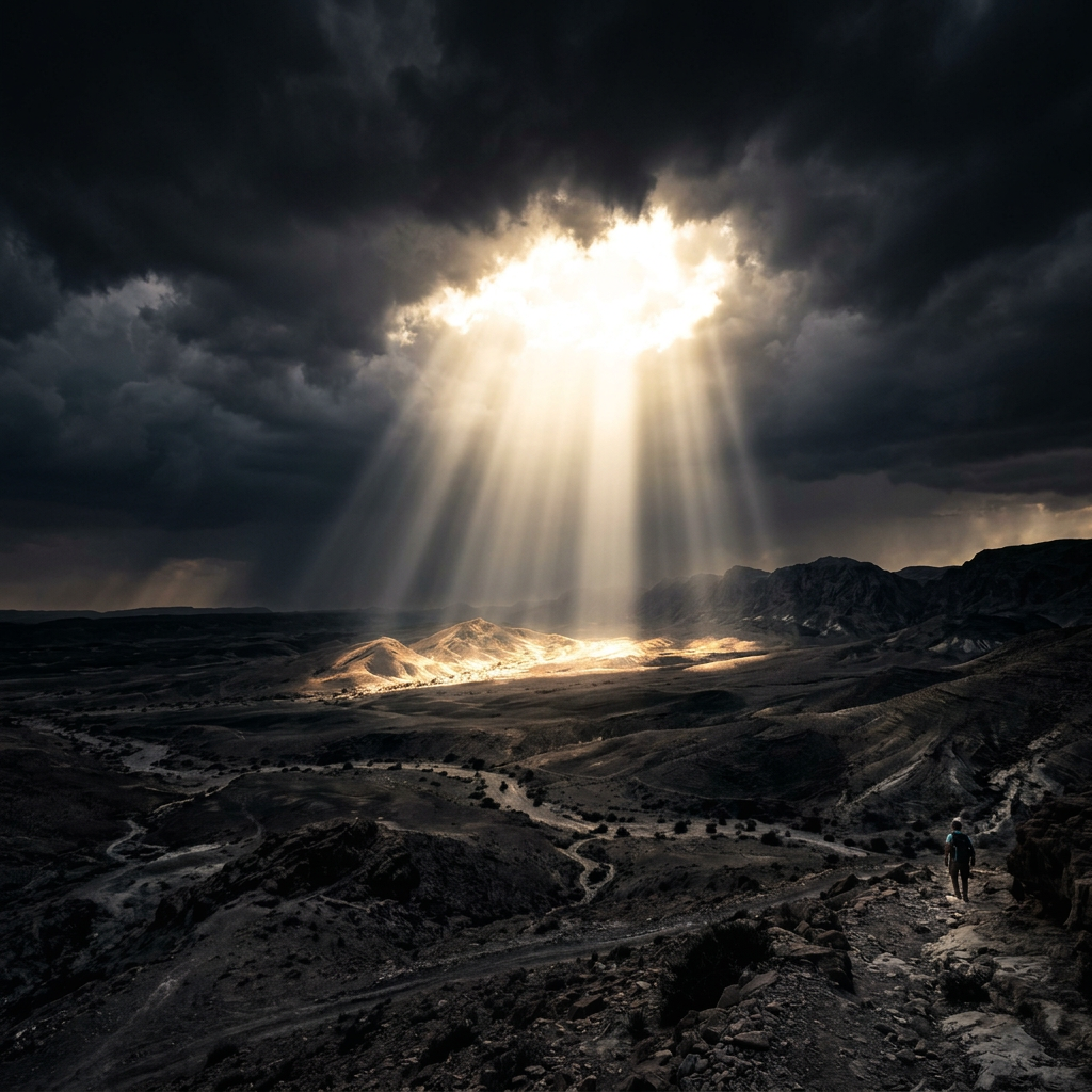 Hiker walking on rocky path in desert valley with sun rays breaking through clouds