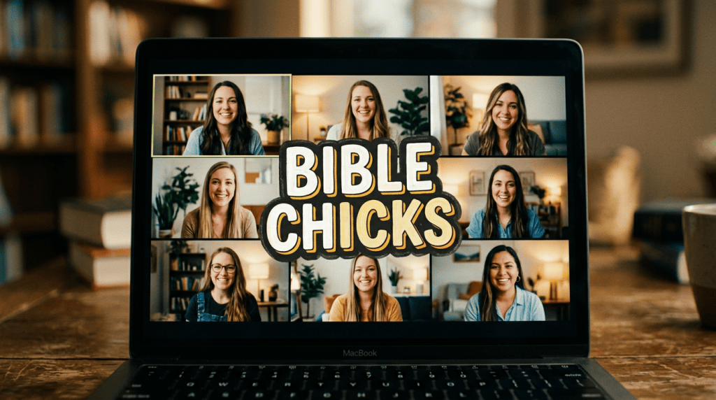 Laptop screen showing eight women in a video call labeled “BIBLE CHICKS”