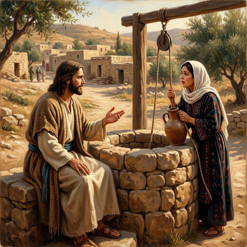 Biblical woman at well meeting Jesus