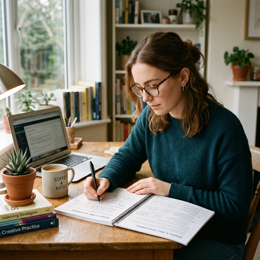 Woman writing in workbook at desk