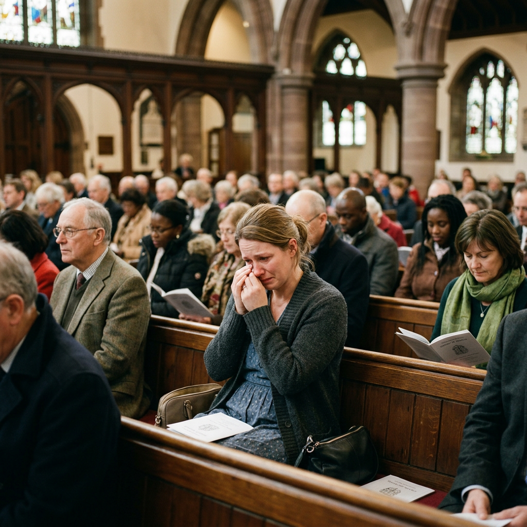 Distressed woman sitting among church members