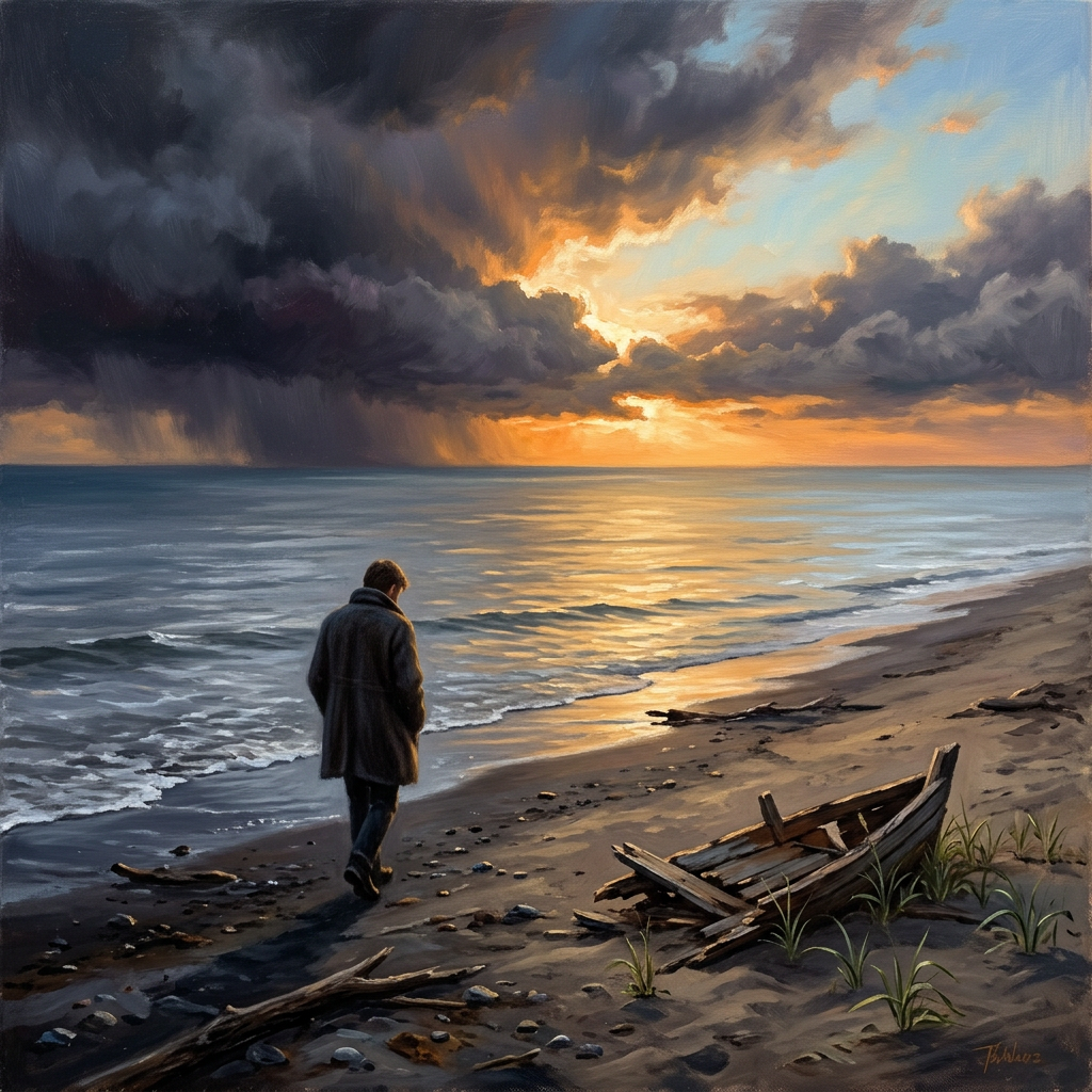 Lone person walking along a beach beneath storm clouds and sunset